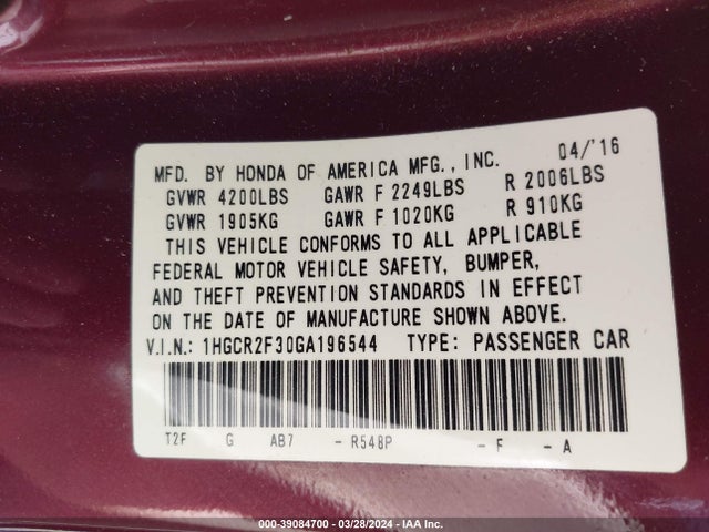 Honda ACCORD LX 2016 1HGCR2F30GA196544 Image 9
