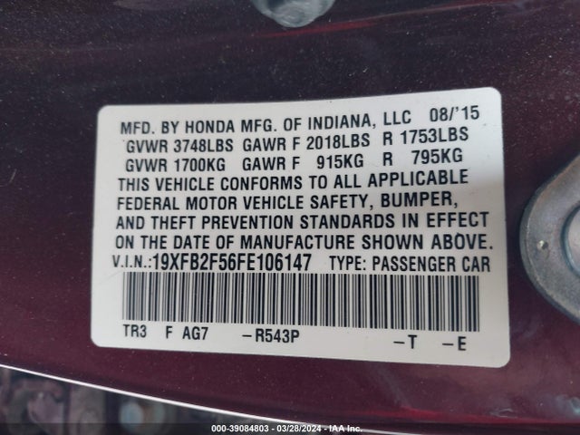 Honda Civic Lx 2015 19XFB2F56FE106147 Image 9