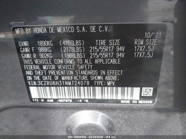 3CZRU6H31NM724078 Honda Hr-v Awd Lx