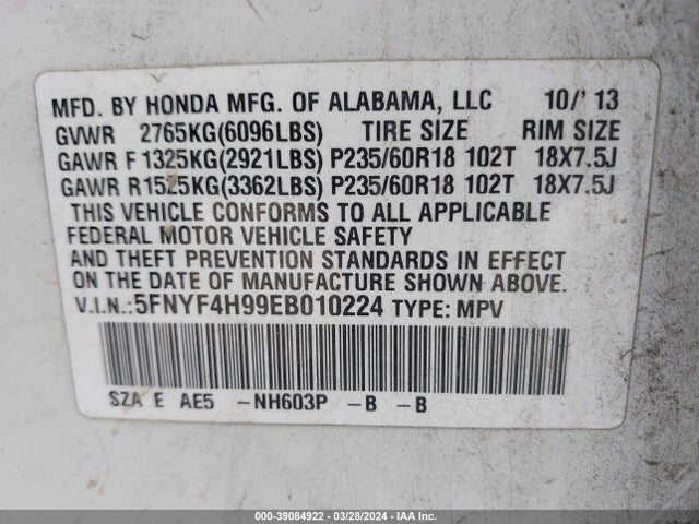 Honda Pilot Touring 2014 5FNYF4H99EB010224 Image 9