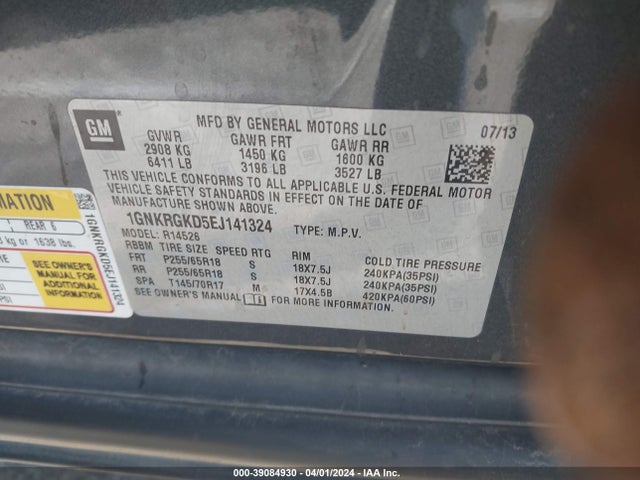 Chevrolet Traverse Lt 2014 1GNKRGKD5EJ141324 Image 9