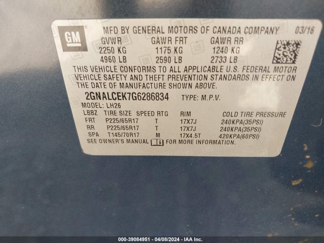 Chevrolet EQUINOX LT 2016 2GNALCEK7G6286834 Image 9