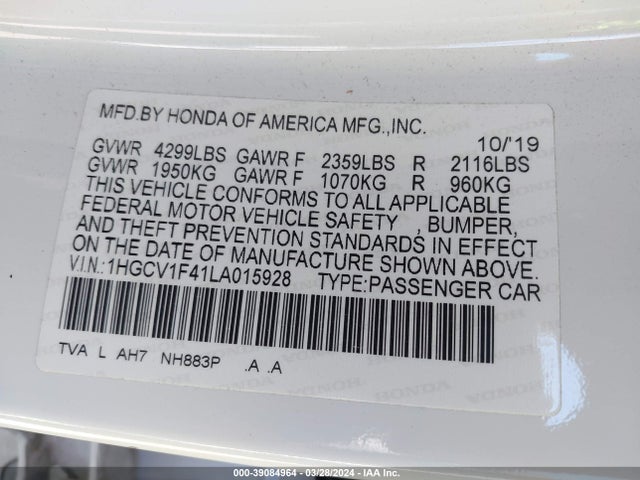 Honda ACCORD EX 2020 1HGCV1F41LA015928 Image 9