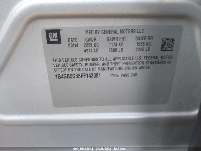 Buick Lacrosse Leather 2015 1G4GB5G35FF143081 Image 9