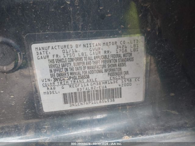 3N1CN7AP1GL856538 Nissan Versa 1.6 S/1.6 S+/1.6 Sl/1.6 Sv