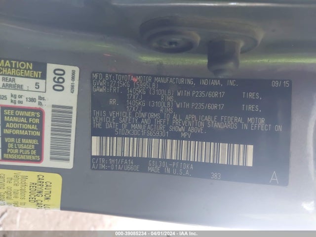 Toyota Sienna L 7 Passenger 2015 5TDZK3DC1FS659301 Image 9