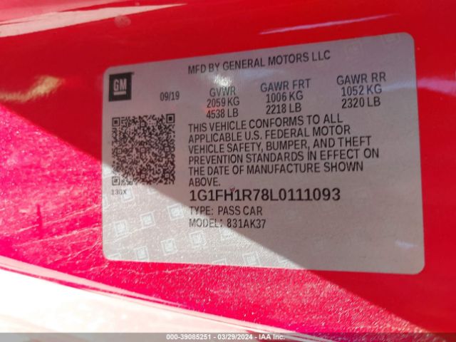 1G1FH1R78L0111093 Chevrolet Camaro Rwd  2ss