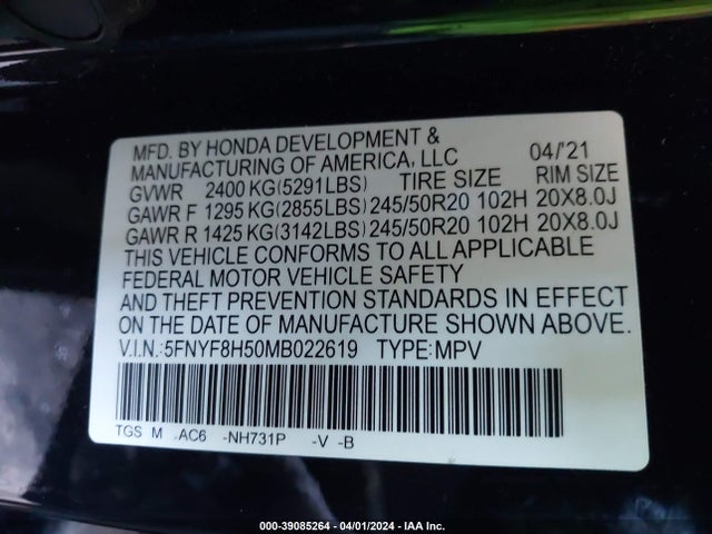 Honda Passport Awd Ex-l 2021 5FNYF8H50MB022619 Image 9