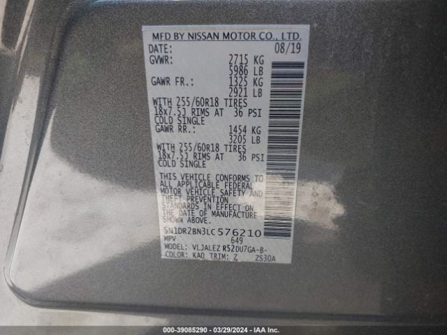 5N1DR2BN3LC576210 Nissan Pathfinder Sv 2wd
