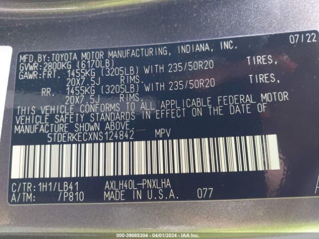 5TDERKECXNS124842 Toyota Sienna Platinum