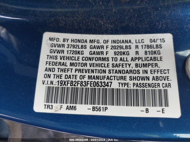 Honda CIVIC EX 2015 19XFB2F83FE063347 Image 9