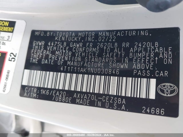 Toyota CAMRY SE 2022 4T1T11AK1NU030846 Image 9
