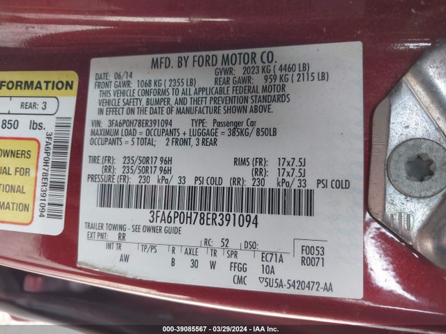 Ford FUSION SE 2014 3FA6P0H78ER391094 Image 9