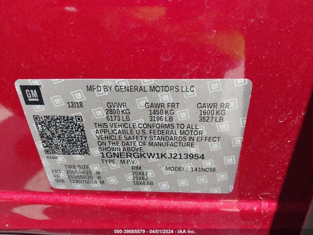 Chevrolet Traverse 1lt 2019 1GNERGKW1KJ213954 Image 9