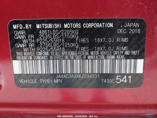 JA4AD3A3XKZ034331 Mitsubishi Outlander Le/se/sel