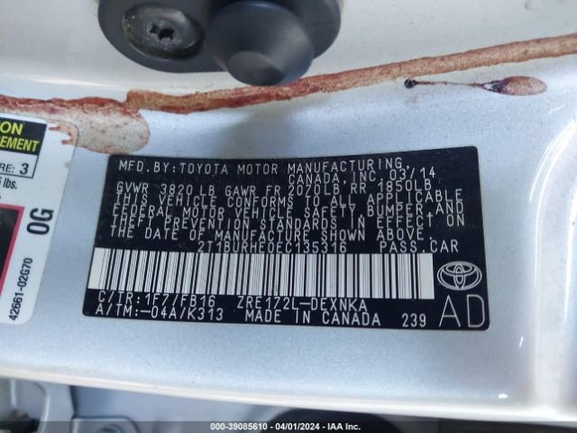 2T1BURHE0EC135316 Toyota Corolla Le Plus