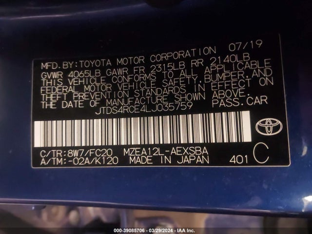 Toyota COROLLA SE 2020 JTDS4RCE4LJ035759 Image 9