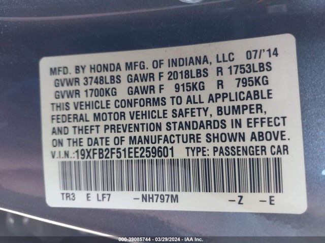 Honda Civic Lx 2014 19XFB2F51EE259601 Image 9