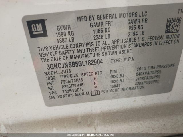 3GNCJNSB5GL182904 Chevrolet Trax 1ls