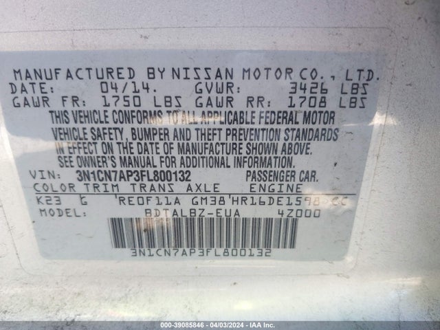 Nissan Versa 1.6 Sv 2015 3N1CN7AP3FL800132 Image 9