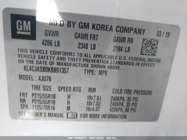 KL4CJASB0KB891357 Buick Encore Fwd Preferred