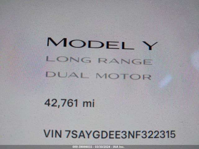 7SAYGDEE3NF322315 Tesla Model Y Long Range Dual Motor All-wheel Drive