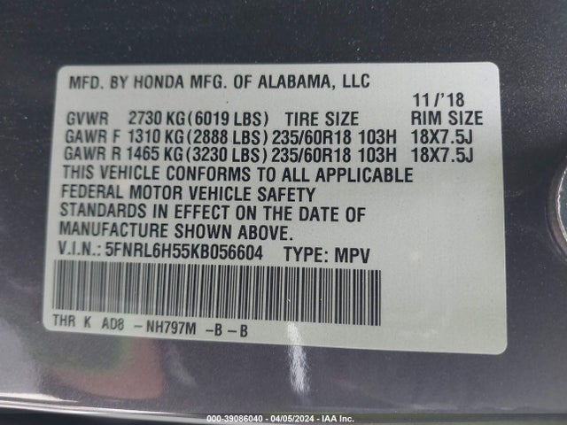 Honda ODYSSEY EX 2019 5FNRL6H55KB056604 Image 9