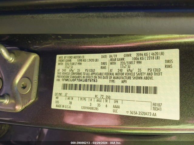 Ford ESCAPE S 2019 1FMCU0F70KUB79783 Image 9
