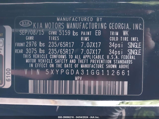 KIA Sorento 2.4l Lx 2016 5XYPGDA31GG112661 Image 9