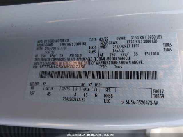 1FTEW1C5XNKD27356 Ford F-150 Xl
