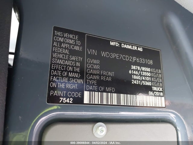 WD3PE7CD2JP633108 Mercedes-Benz Sprinter 2500 Standard Roof V6
