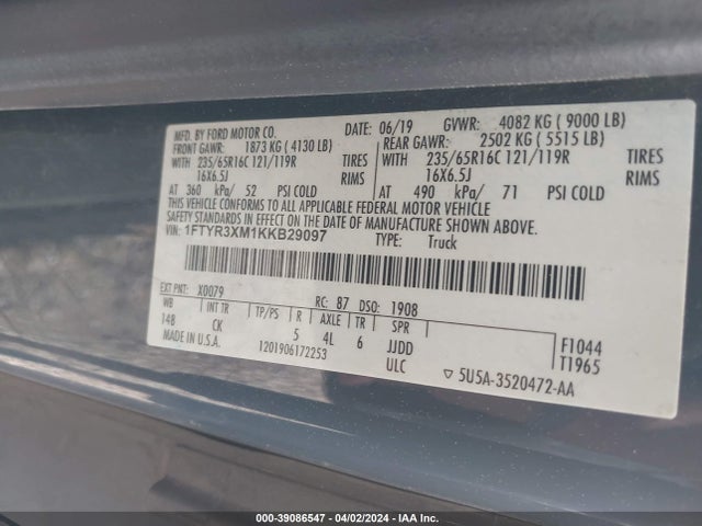 Ford Transit-250 2019 1FTYR3XM1KKB29097 Image 9