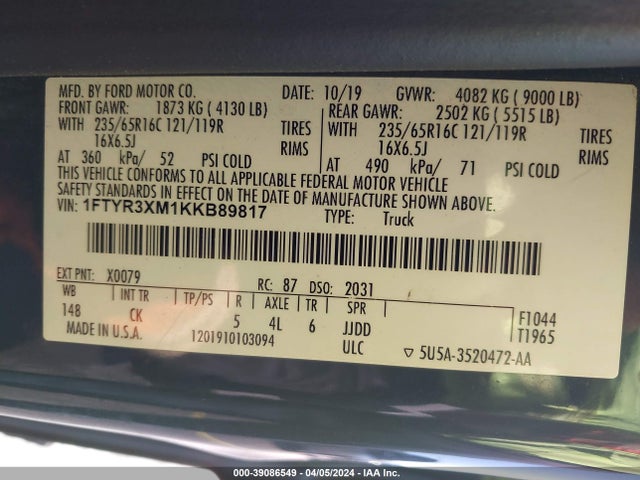 Ford Transit-250 2019 1FTYR3XM1KKB89817 Image 9