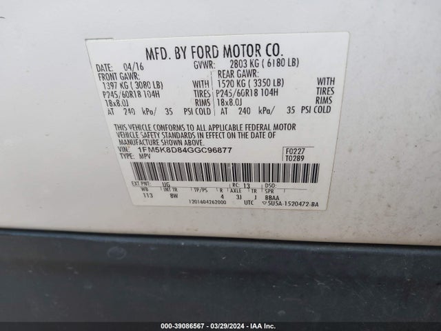 Ford EXPLORER XLT 2016 1FM5K8D84GGC96877 Image 9