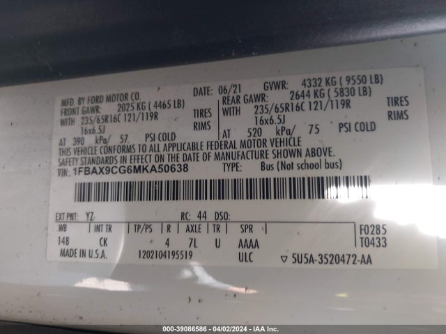1FBAX9CG6MKA50638 Ford Transit-350 Passenger Van Xlt