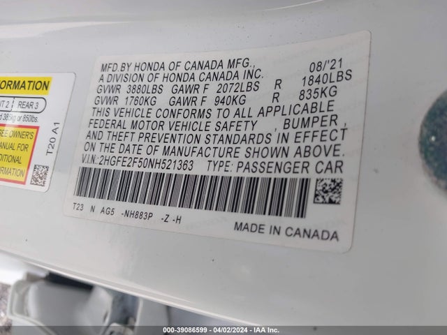 Honda Civic Sport 2022 2HGFE2F50NH521363 Image 9