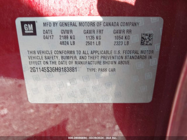 Chevrolet IMPALA 2LZ 2017 2G1145S36H9183881 Image 9