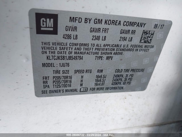 Chevrolet TRAX LS 2018 KL7CJKSB1JB549794 Image 9