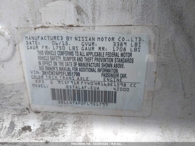 Nissan Versa S/s Plus/sv/sl 2015 3N1CN7AP2FL951799 Image 9