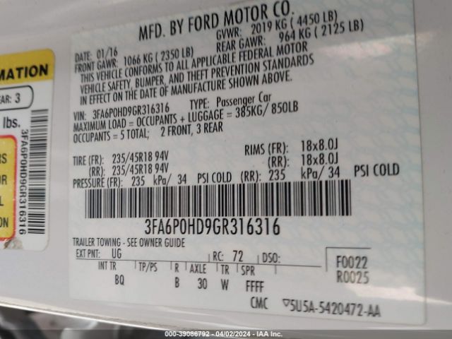 3FA6P0HD9GR316316 Ford FUSION SE