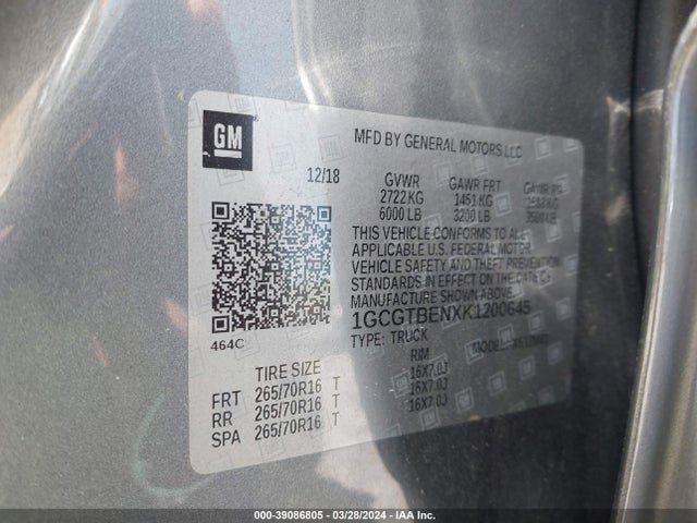 Chevrolet Colorado Wt 2019 1GCGTBENXK1200645 Image 9