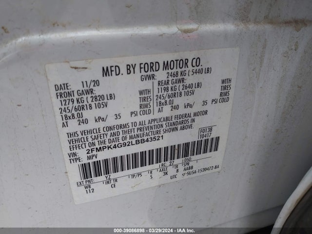 Ford EDGE SE 2020 2FMPK4G92LBB43521 Image 9
