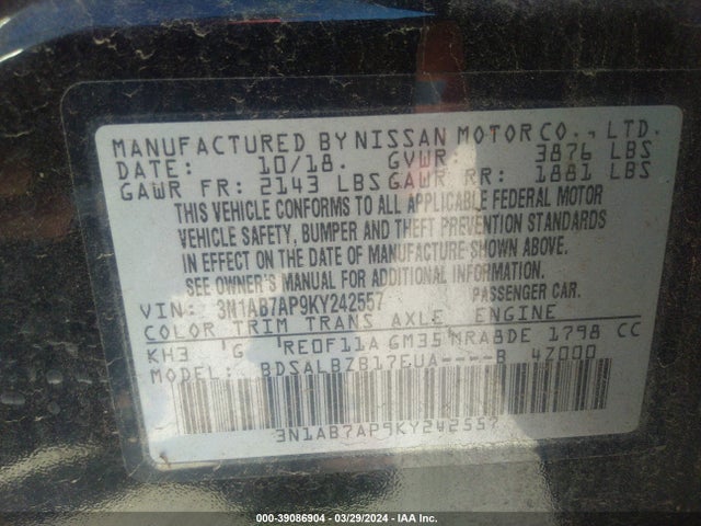 Nissan SENTRA S 2019 3N1AB7AP9KY242557 Image 9