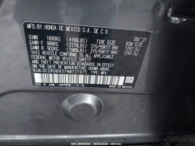3CZRU6H37NM717975 Honda Hr-v Awd Lx