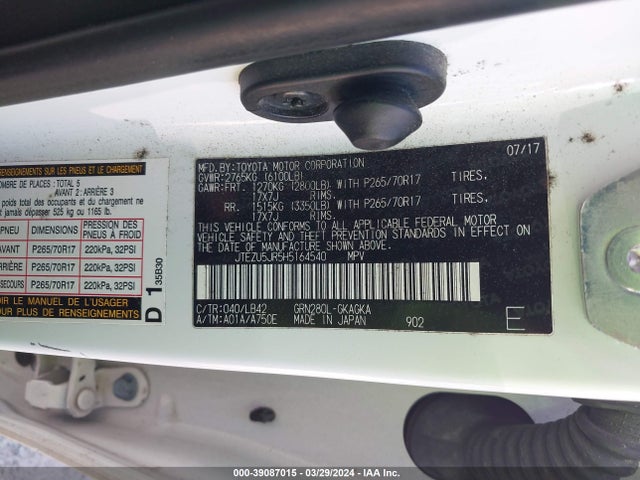 Toyota 4runner Sr5 Premium 2017 JTEZU5JR5H5164540 Image 9