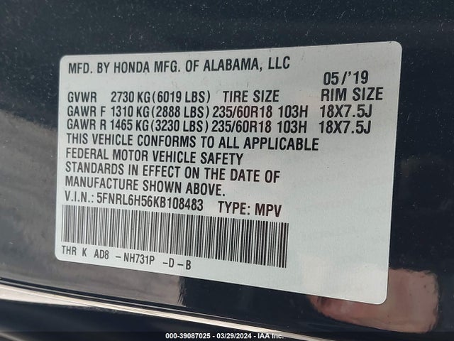 Honda ODYSSEY EX 2019 5FNRL6H56KB108483 Image 9