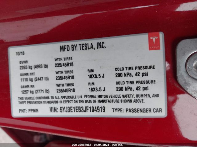 5YJ3E1EB3JF104919 Tesla Model 3 Long Range/performance