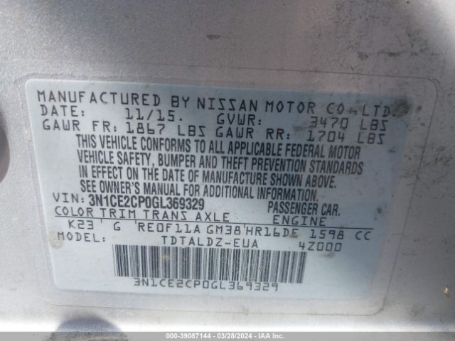 3N1CE2CP0GL369329 Nissan Versa Note S (sr)/s Plus/sl/sr/sv