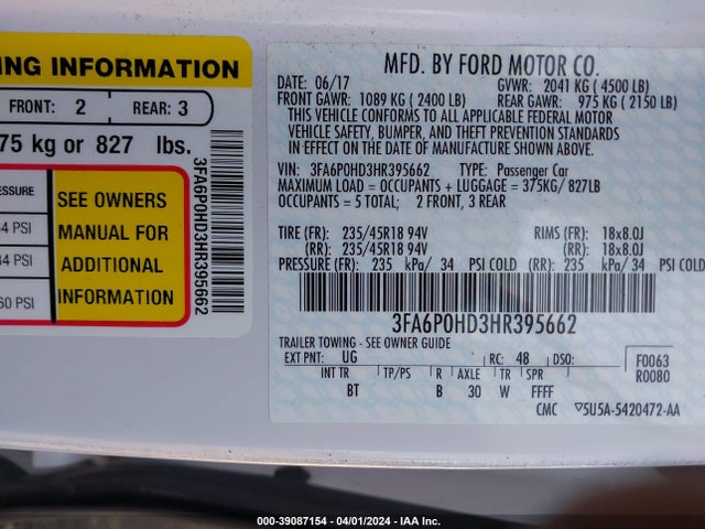 Ford FUSION SE 2017 3FA6P0HD3HR395662 Image 9