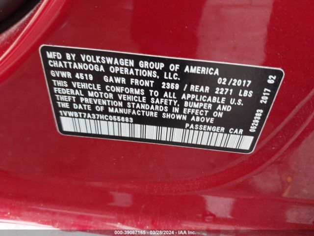 1VWBT7A37HC055683 Volkswagen Passat 1.8t Se